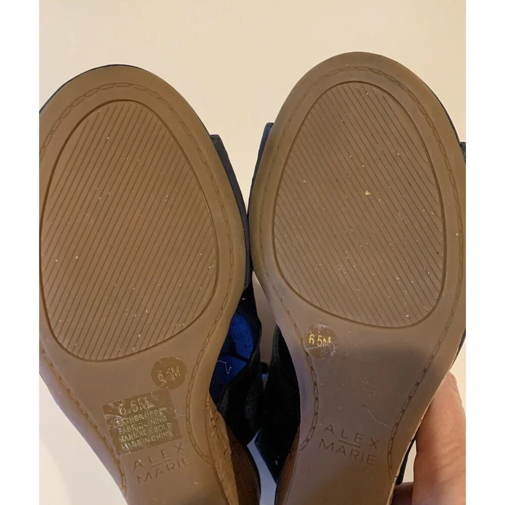 Alex Marie Women’s Sz 6.5 Leather  Cork Wedge Heels Sandals Shoes Navy *READ*